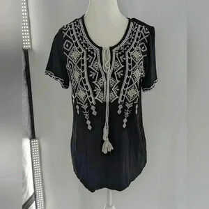 Keep In Touch Shirt Womens M Black & White Embroidered V Neck Boho Tunic Blouse